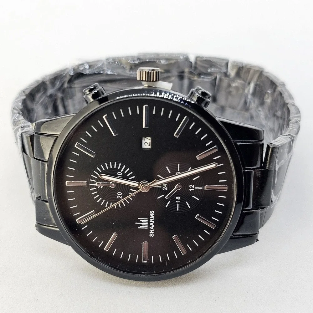Men's 2 PC Watch Bracelet Set 42MM Black Dial Date Indicator Black‎ Bracelet